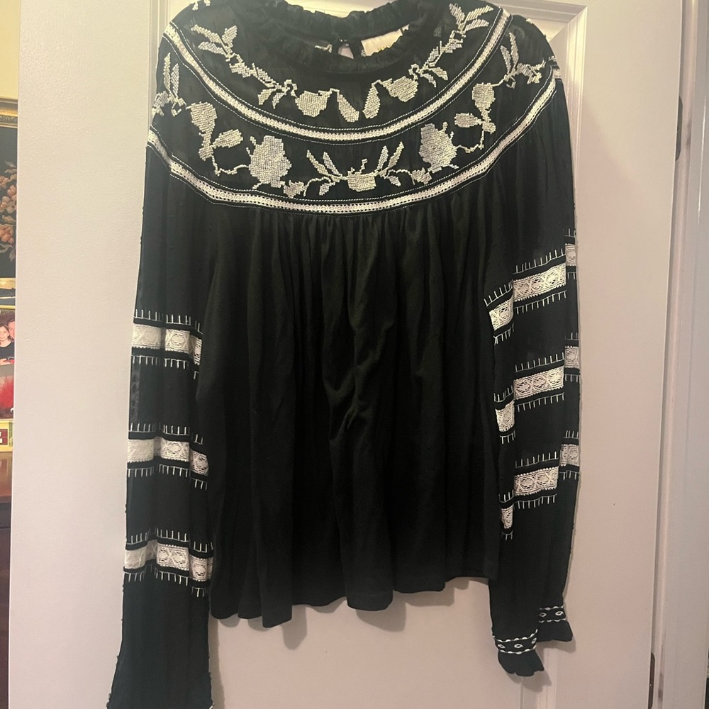 Anthropologie Black Blouse with White Embroidery